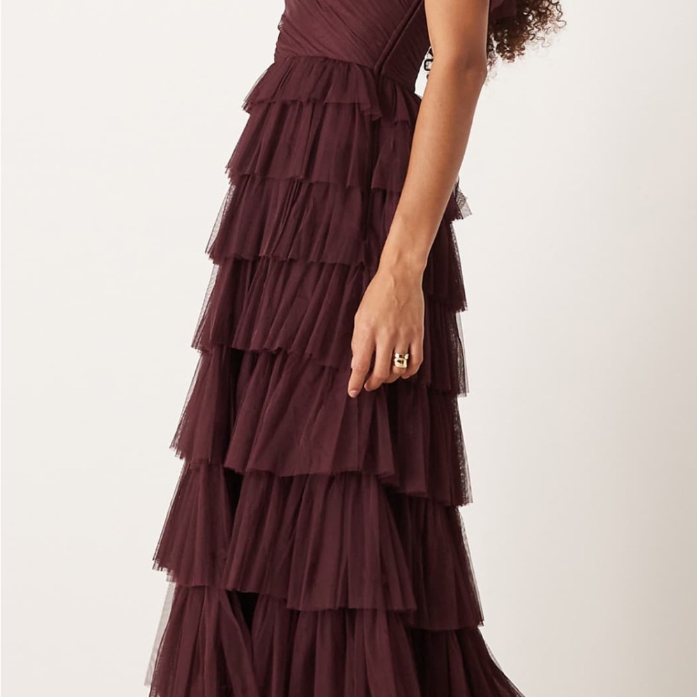 ASOS Petite Lace and Beads bow shoulder tulle maxi dress in plum